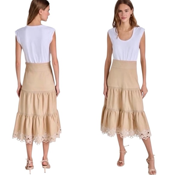 Veronica Beard Jeans Amaia Tiered Eyelet White Tan Combo Midi Dress Medium - Picture 4 of 13